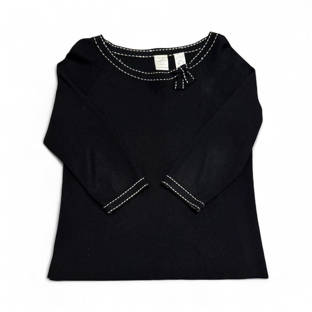 Emma James Knit Top Womens Petite L Black 3/4 Sleeve Bow Contrast Stitch